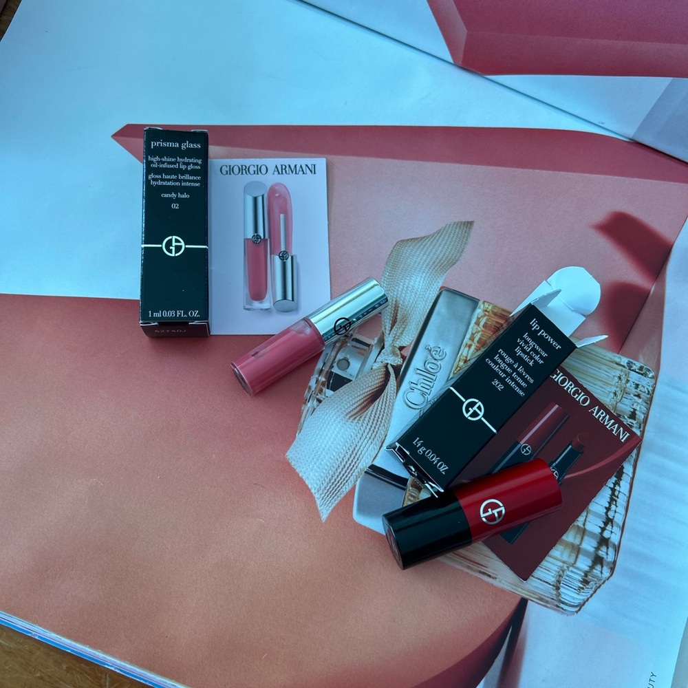 Giorgio Armani lip power + Prisma glass duo set travel size ( 202 /2 candy halo)
